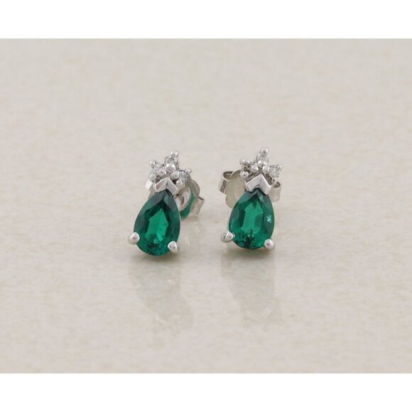 Unbranded Jewelry - 14k White Gold Lab Created Emerald & Diamond Earrings Stud Post Earrings 3/8"